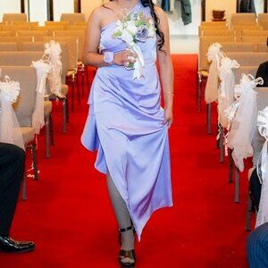 #1. Azazie Lavender Bridemaid Dress Greek Godess off shoulder pleats Ruffle Long